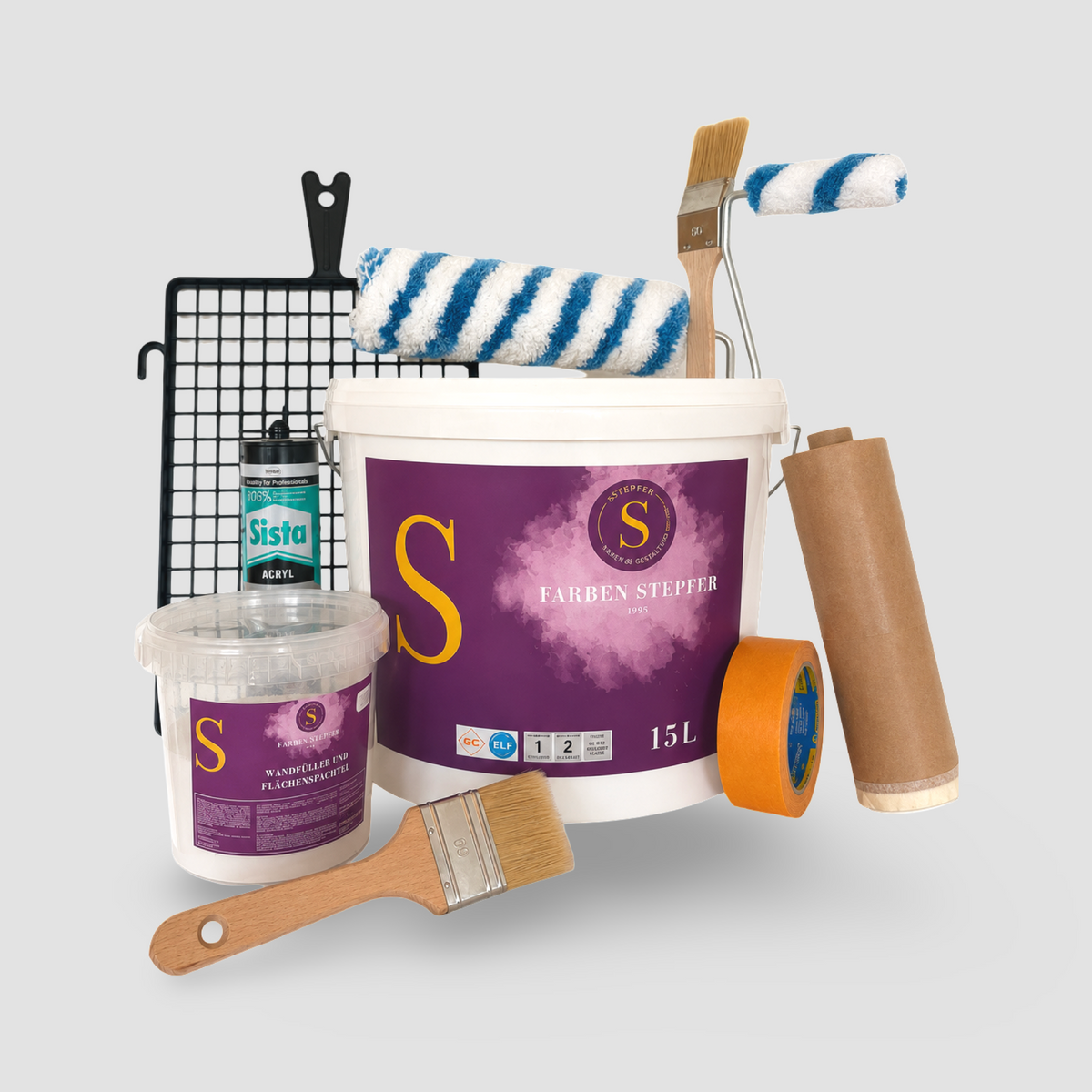 Premium Sets – Raum-Streichset Premium mit Stepfer Wandfarbe 15 L, Spachtel, Farbgitter, Rollen und Pinseln